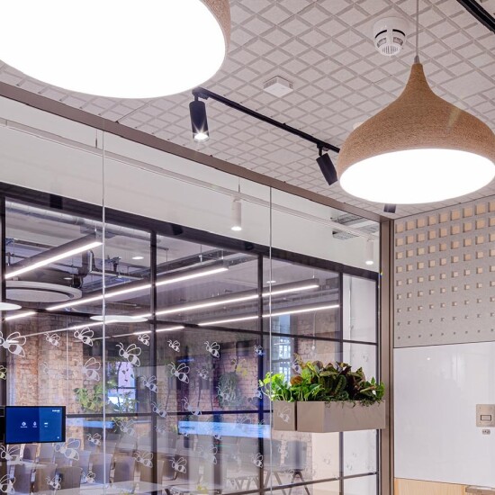 Lighting options including magnetised track pendants and recessed ceiling lights.