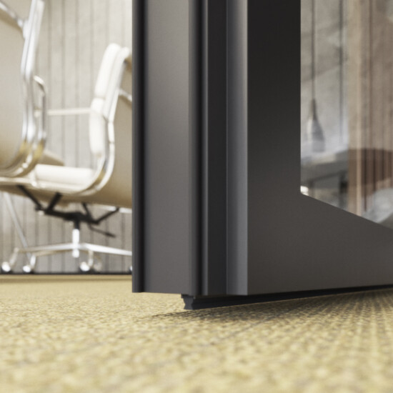 Twin seals to the stile profile and optional drop down seals maintain acoustic attenuation when the door is closed,.